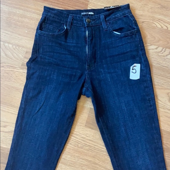 Fashion Nova Dark Denim Split Leg Bell Bottom Jeans White Flare - Picture 7 of 8